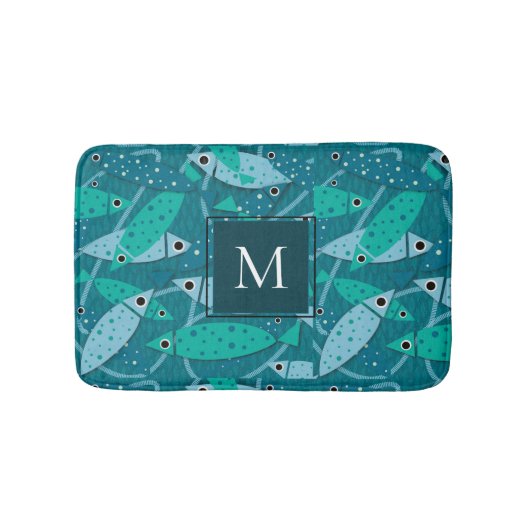 Tapis De Bain Monogramme Motif de poissons de natation moderne (Devant)