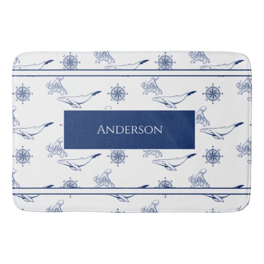 Tapis De Bain Monogramme nautique Baleines et poulpe marine Blan (Devant)
