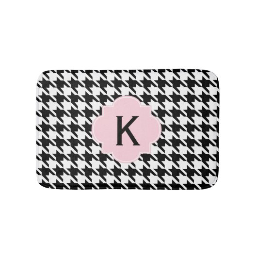 Tapis De Bain Monogramme Noir, Blanc et Pastel Rose Houndstooth (Devant)