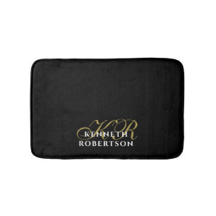 Tapis De Bain Monogramme noir or blanc minimaliste Hommes Élégan