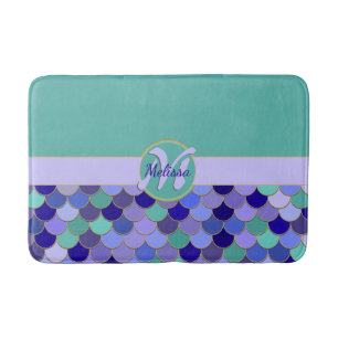 Tapis De Bain Monogramme + nom Aqua Turquoise & Purple Sirène