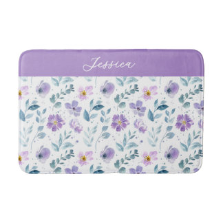 Tapis De Bain Monogramme Nom Fleur Sauvage Aquarelle Vert Violet