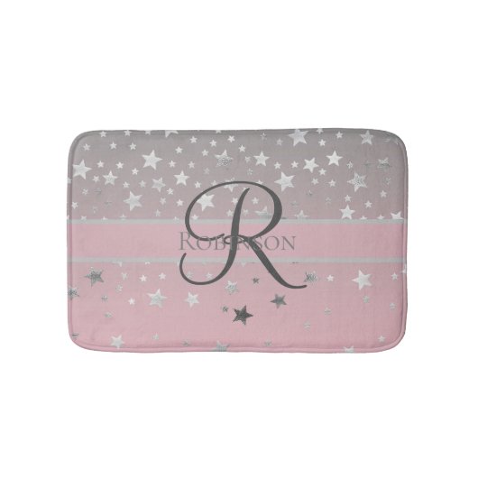 Tapis De Bain Monogramme Nom rose Grey Argent Stars tendance (Devant)