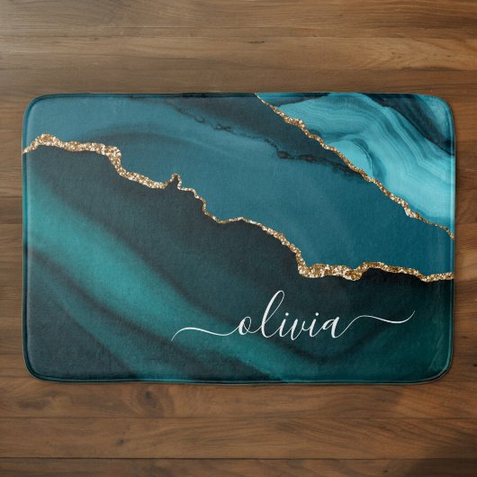 Tapis De Bain Monogramme Or en Geode d'Agate Bleu Vert Aqua Sarc
