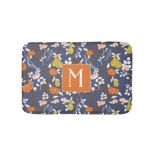 Tapis De Bain Monogramme orangé et bleu de la Chinoiserie Oiseau (Devant)
