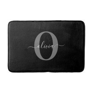 Tapis De Bain Monogramme personnalisé Nom de script noir blanc g