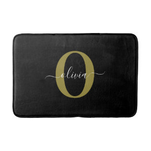 Tapis De Bain Monogramme personnalisé Nom du script Black White