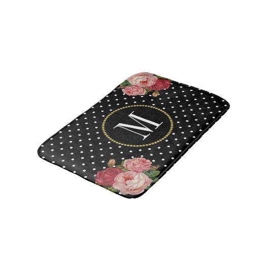 Tapis De Bain Monogramme Pois moderne noir antique (Angle)