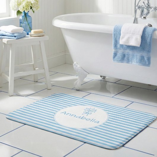 Tapis De Bain Monogramme Préppy à rayures bleues et blanches Cap