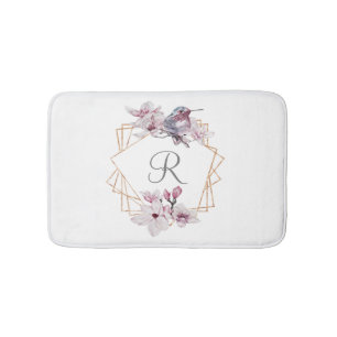 Tapis De Bain Monogramme rose blanc Magnolias Bird Gold Frame