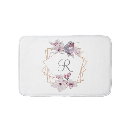Tapis De Bain Monogramme rose blanc Magnolias Bird Gold Frame (Devant)