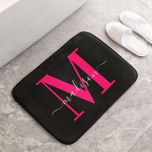 Tapis De Bain Monogramme rose chaud noir et gras Première fille