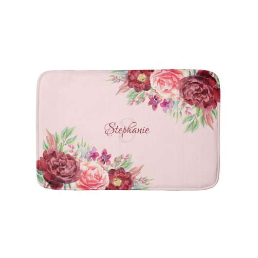 Tapis De Bain Monogramme Rose de Bourgogne moderne Floral (Devant)
