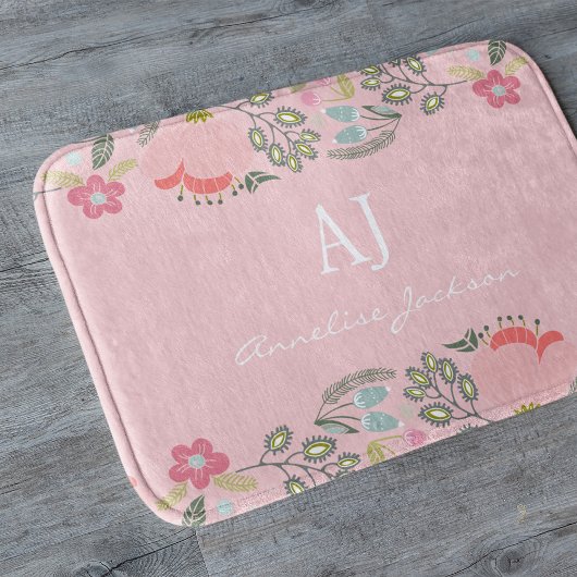 Tapis De Bain monogramme rose floral girly nom personnalisé