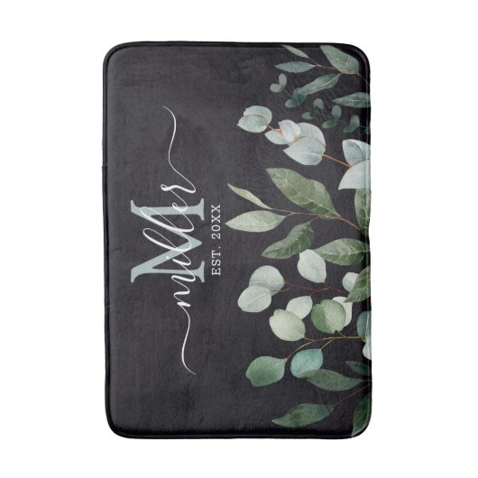 Tapis De Bain Monogramme Sage Green Eucalyptus Feuilles de verdu (Devant (Vertical))