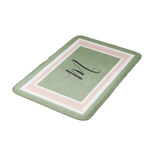 Tapis De Bain Monogramme Script géométrique vert et rose (Angle)