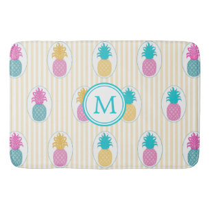 Tapis De Bain Monogramme tropical coloré de rayure de jaune