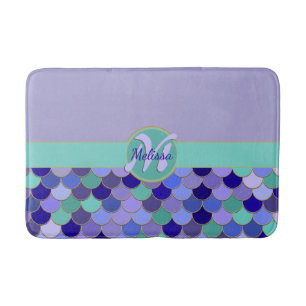 Tapis De Bain Monogramme Turquoise de sirène pourpre et aqua + n