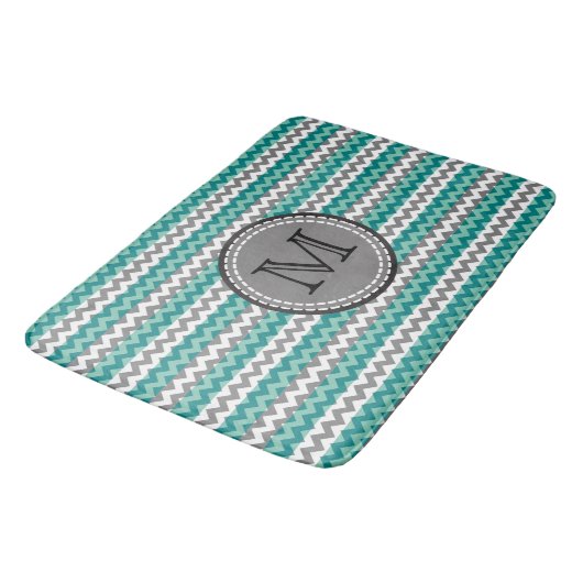 Tapis De Bain Monogramme Turquoise et Grey Chevron Zigzag (Angle)