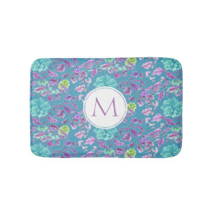 Tapis De Bain Monogramme Turquoise Purple Floral 