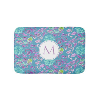 Tapis De Bain Monogramme Turquoise Purple Floral 