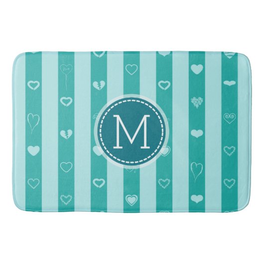 Tapis De Bain Monogramme Turquoise Stripes Motif de coeur modern (Devant)