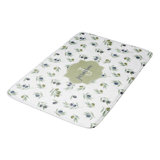 Tapis De Bain Motif chic aquarelle monogramme nom vert olive (Angle)