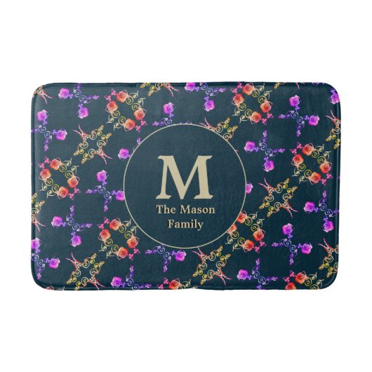 Tapis De Bain Motif Coeur Rose Monogramme sur bleu foncé (Devant)