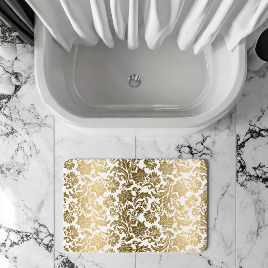 Tapis De Bain Motif damassé floral blanc et or