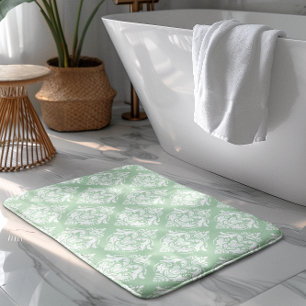 Tapis De Bain Motif damassé floral vert sauge et blanc
