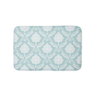 Tapis De Bain Motif Damassé Rococo Blanc sur Fond Bleu Canard