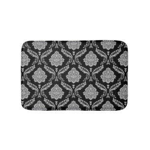 Tapis De Bain Motif Damassé Rococo Gris sur Fond Noir