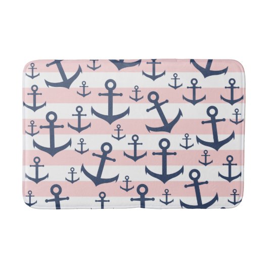 Tapis De Bain Motif d'ancrage bleu marine à rayures rose marine (Devant)