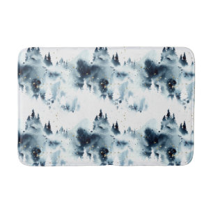 Tapis De Bain Motif d'aquarelle de la forêt bleue de minuit