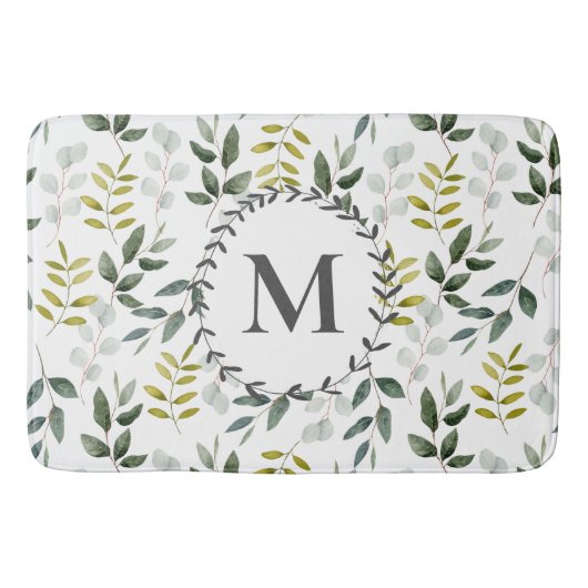 Tapis De Bain Motif d'aquarelle Feuille vert monogramme (Devant)