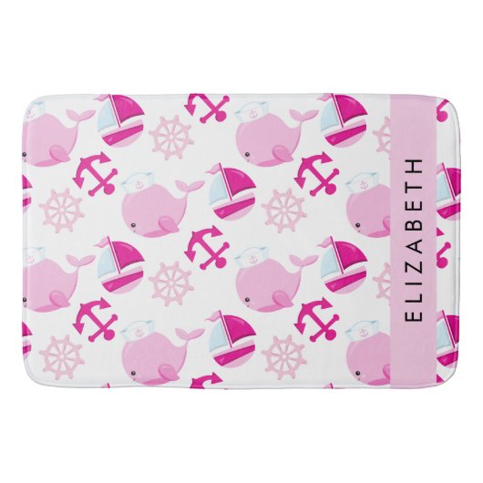 Tapis De Bain Motif De Baleines, Baleines Roses, Votre Nom (Devant)