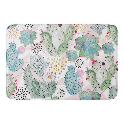 Tapis De Bain motif de cactus et triangles aquarelle (Devant)