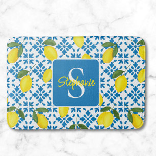 Tapis De Bain Motif de citron de carreau français bleu nom monog
