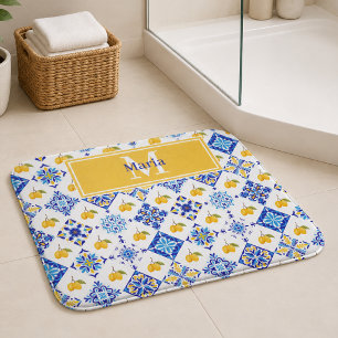 Tapis De Bain Motif de citron de pays français bleu avec monogra