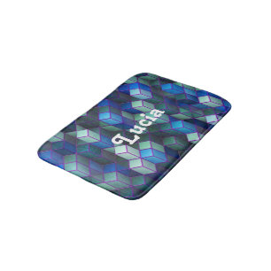 Tapis De Bain Motif de cubes 3D bleus de nom personnalisé