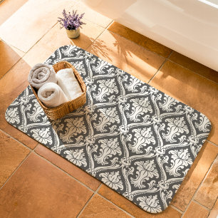 Tapis De Bain Motif de Damas baroque gris foncé et blanc