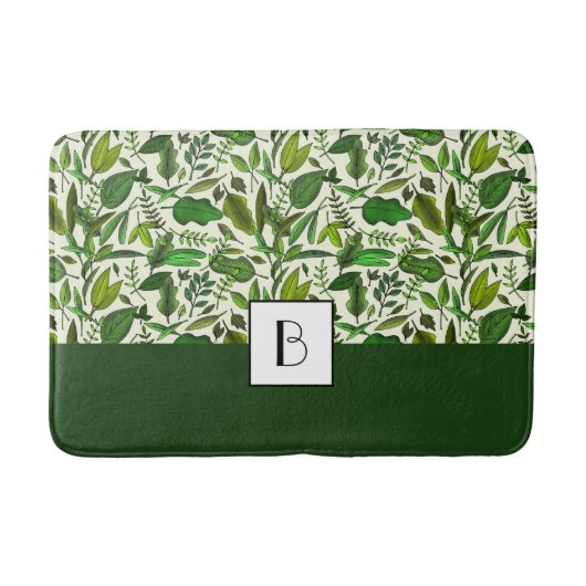 Tapis De Bain Motif de feuilles vertes de monogramme élégant (Devant)