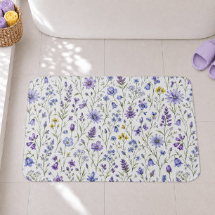 Tapis De Bain Motif de fleur sauvage à l'aquarelle bleu violet j