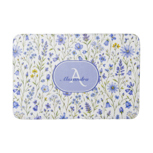 Tapis De Bain Motif de fleur sauvage aquarelle bleue avec nom pe