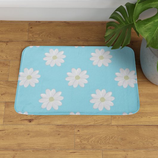 Tapis De Bain Motif de marguerite blanc moderne Aqua Blue Bath M