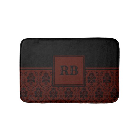 Tapis De Bain Motif de monogramme à damas noir et bordeaux (Devant)