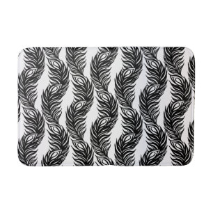 Tapis De Bain Motif de plumes Peacock abstrait noir et blanc