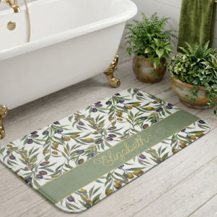 Tapis De Bain Motif d'olive de campagne française aquarelle vert