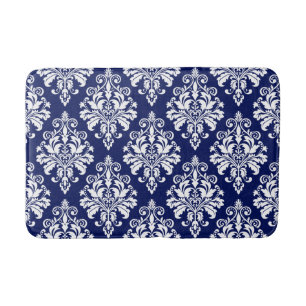 Tapis De Bain Motif élégant de damassé de bleu marine et de
