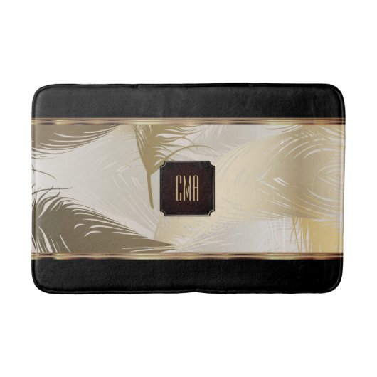 Tapis De Bain Motif en plume noir et or avec Monogramme (Devant)